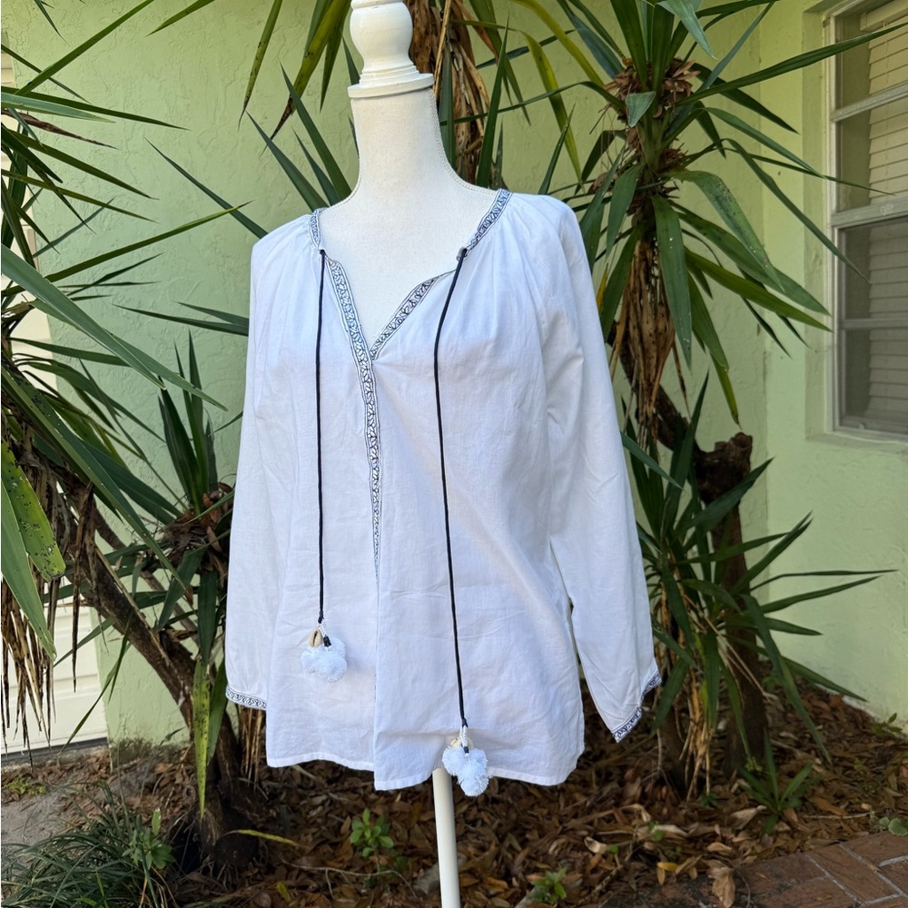 White V Neck Tie Tassel Blouse